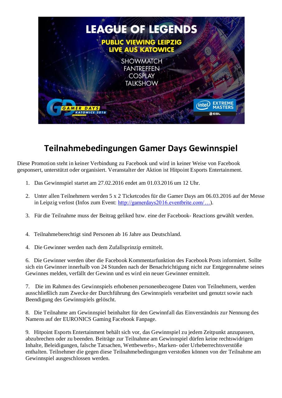 Document preview Teilnahmebedingungen Gamer Days Gewinnspie.pdf - page 1/1