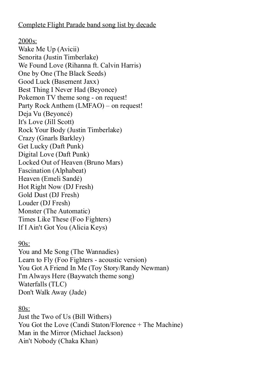 Document preview Flight Parade band song list.pdf - page 1/2