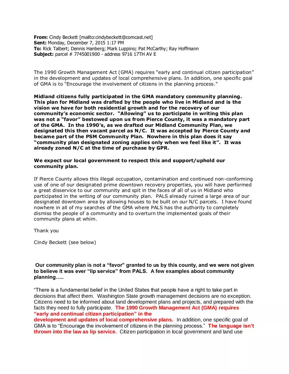Page 1 of 2, Cindy Beckett Letter Opposing Approval