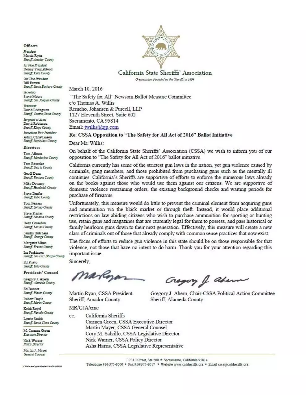 Page 1 of 1, CA SHERIFFS MAG BAN LETTER