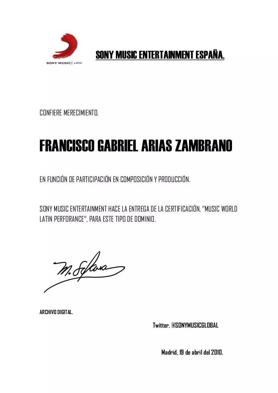 Page 1 of 1, FRANCISCO GABRIEL ARIAS ZAMBRANO