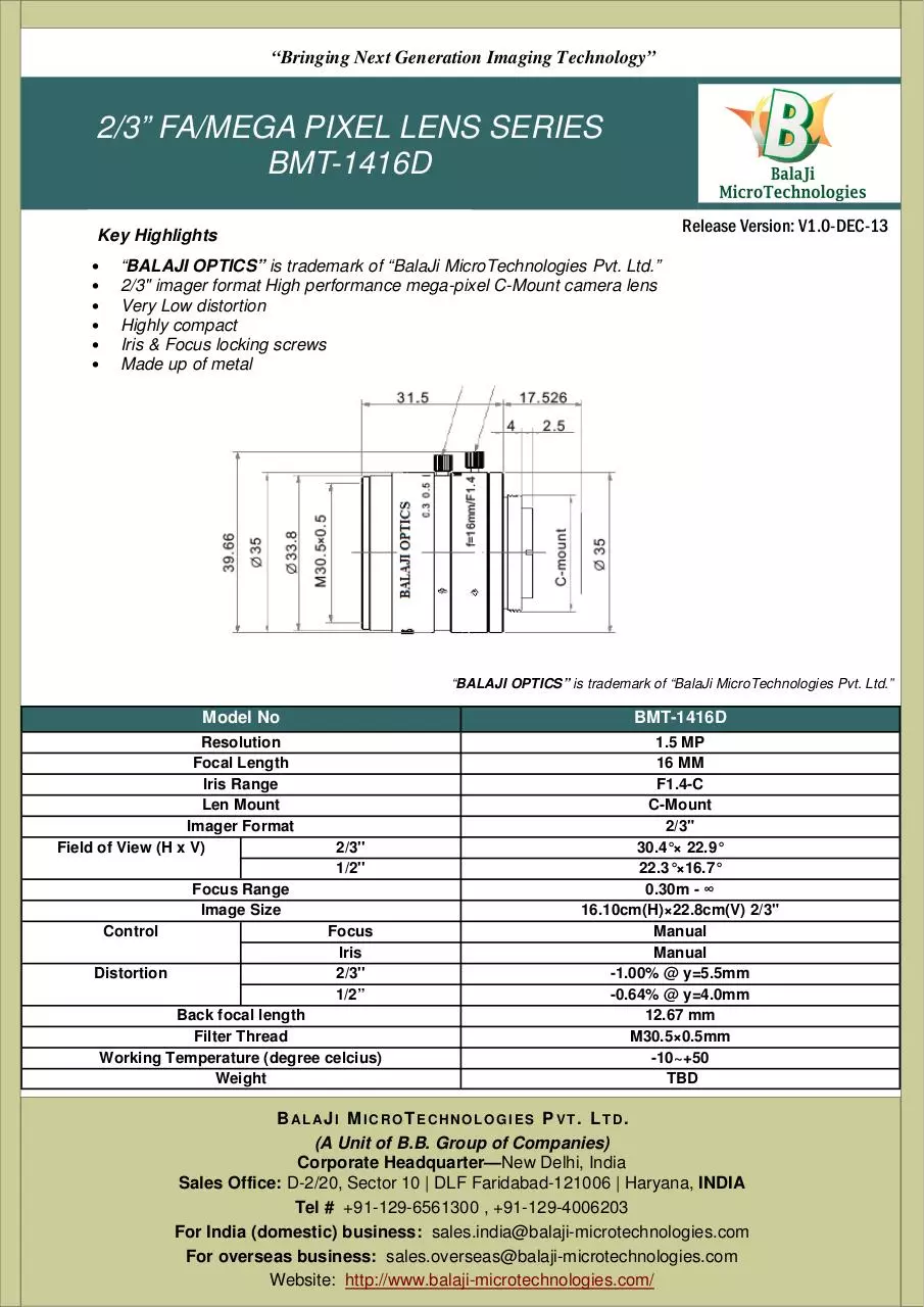 Page 1 of 1, BMT 1416D 16 MM C MOUNT MACHINE VISION LENSES KOREA