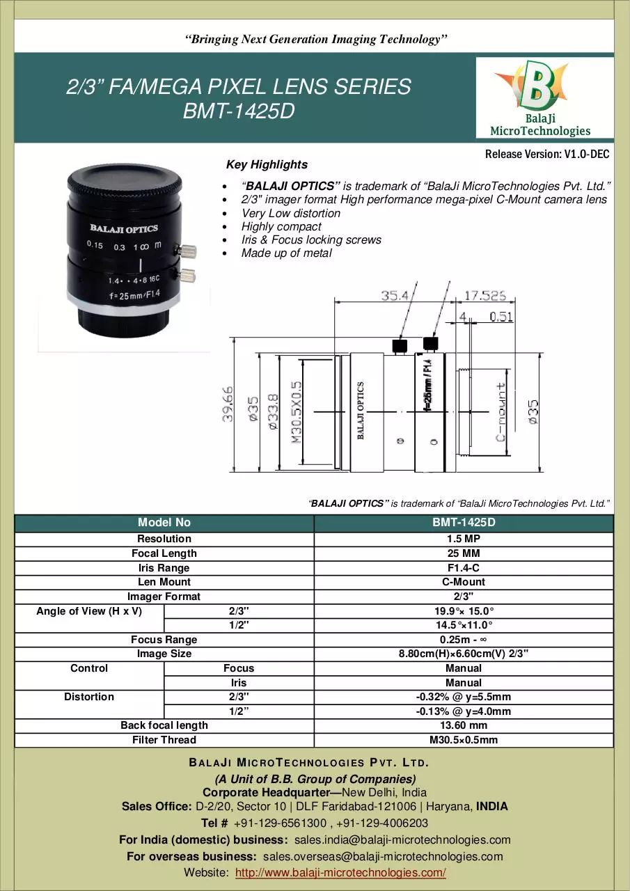 Page 1 of 1, BMT 1425D 25 MM C MOUNT MACHINE VISION LENSES KOREA