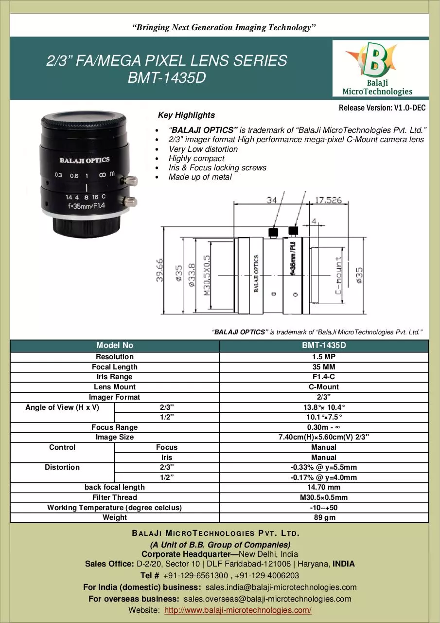 Page 1 of 1, BMT 1435D 35 MM C MOUNT MACHINE VISION LENSES KOREA