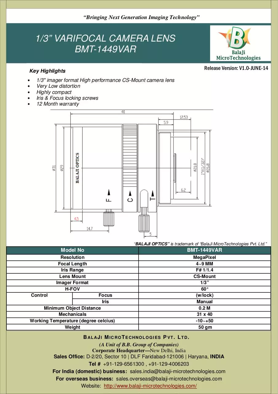 Page 1 of 1, BMT 1449VAR 4~9 MM C MOUNT MACHINE VISION LENSES KOREA