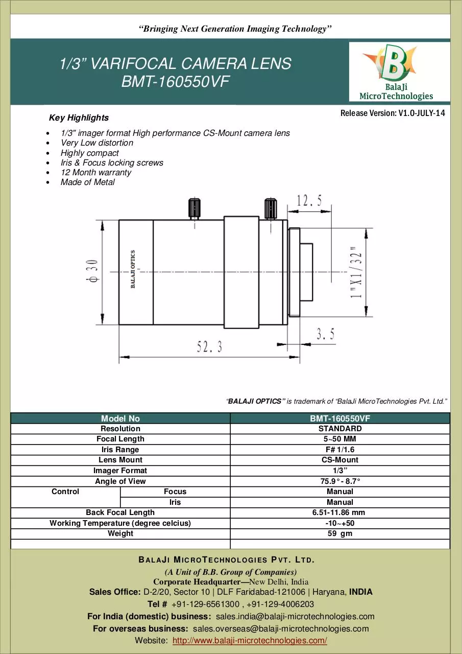 Page 1 of 1, BMT 160550VF 5~50 MM CS MOUNT MACHINE VISION LENSES KOREA