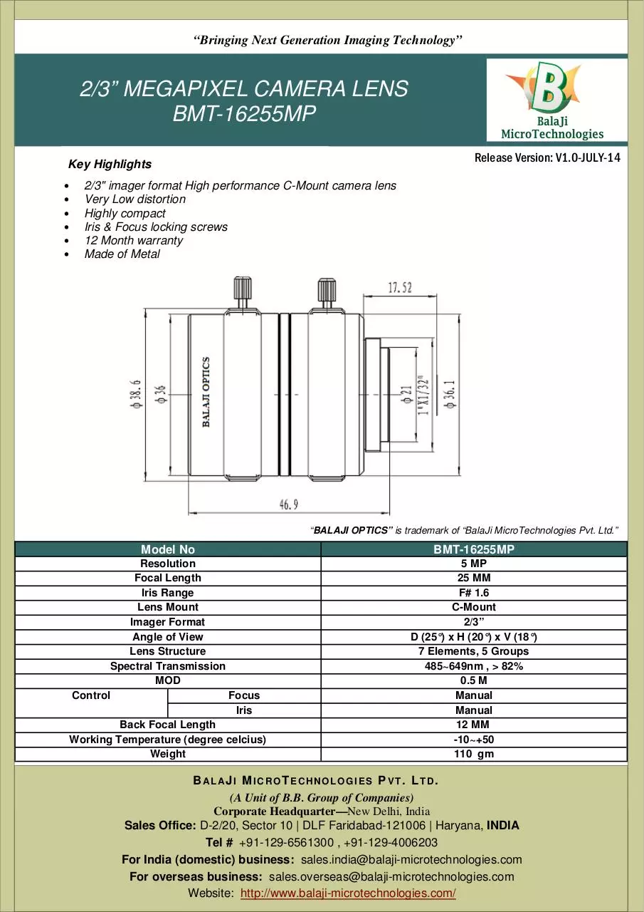 Page 1 of 1, BMT 16255MP 25 MM C MOUNT MACHINE VISION LENSES KOREA