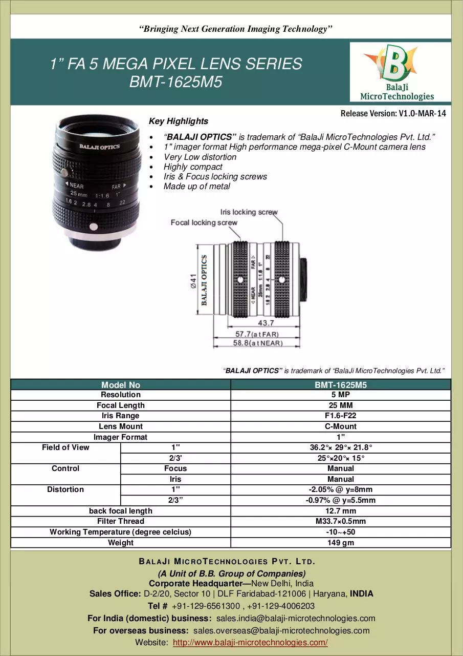 Page 1 of 1, BMT 1625M5 25 MM C MOUNT MACHINE VISION LENSES KOREA