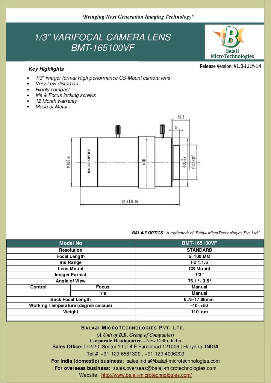 Document preview - BMT-165100VF-5~100 MM CS MOUNT MACHINE VISION LENSES KOREA.pdf - Page 1/1