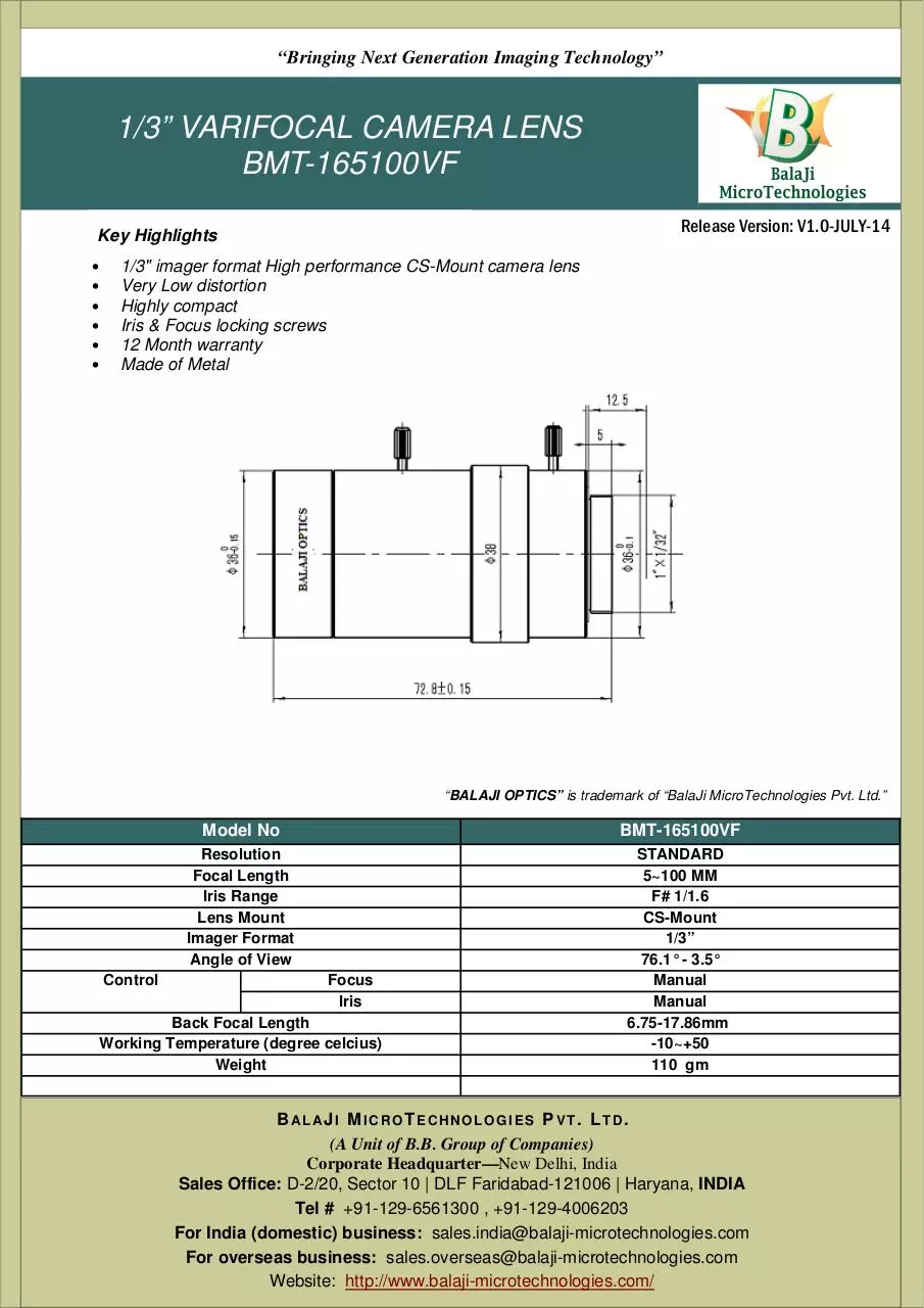 Page 1 of 1, BMT 165100VF 5~100 MM CS MOUNT MACHINE VISION LENSES KOREA