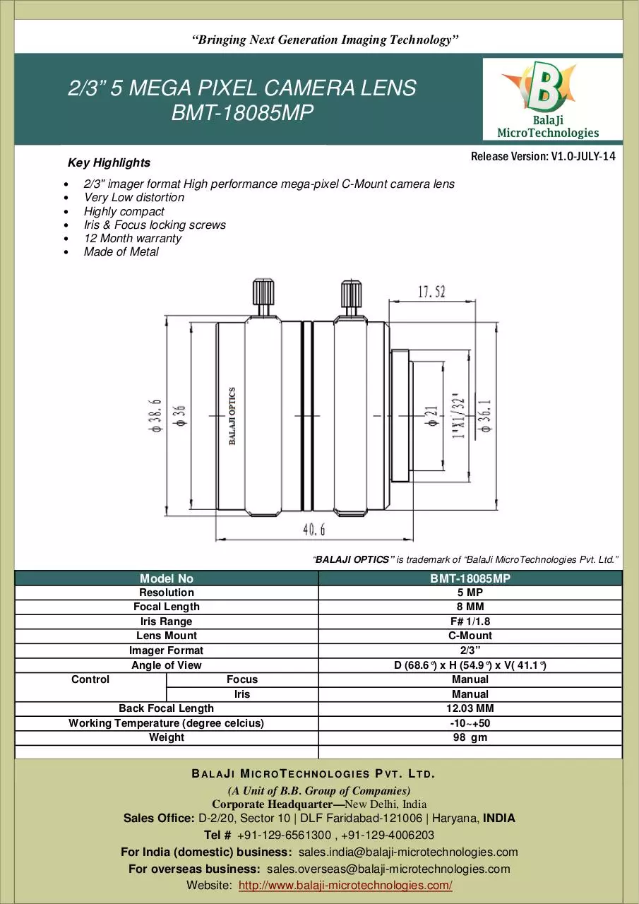 Page 1 of 1, BMT 18085MP 8 MM C MOUNT MACHINE VISION LENSES KOREA