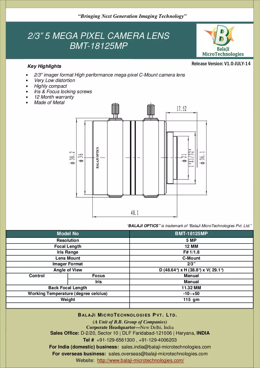 Page 1 of 1, BMT 18125MP 12 MM C MOUNT MACHINE VISION LENSES KOREA