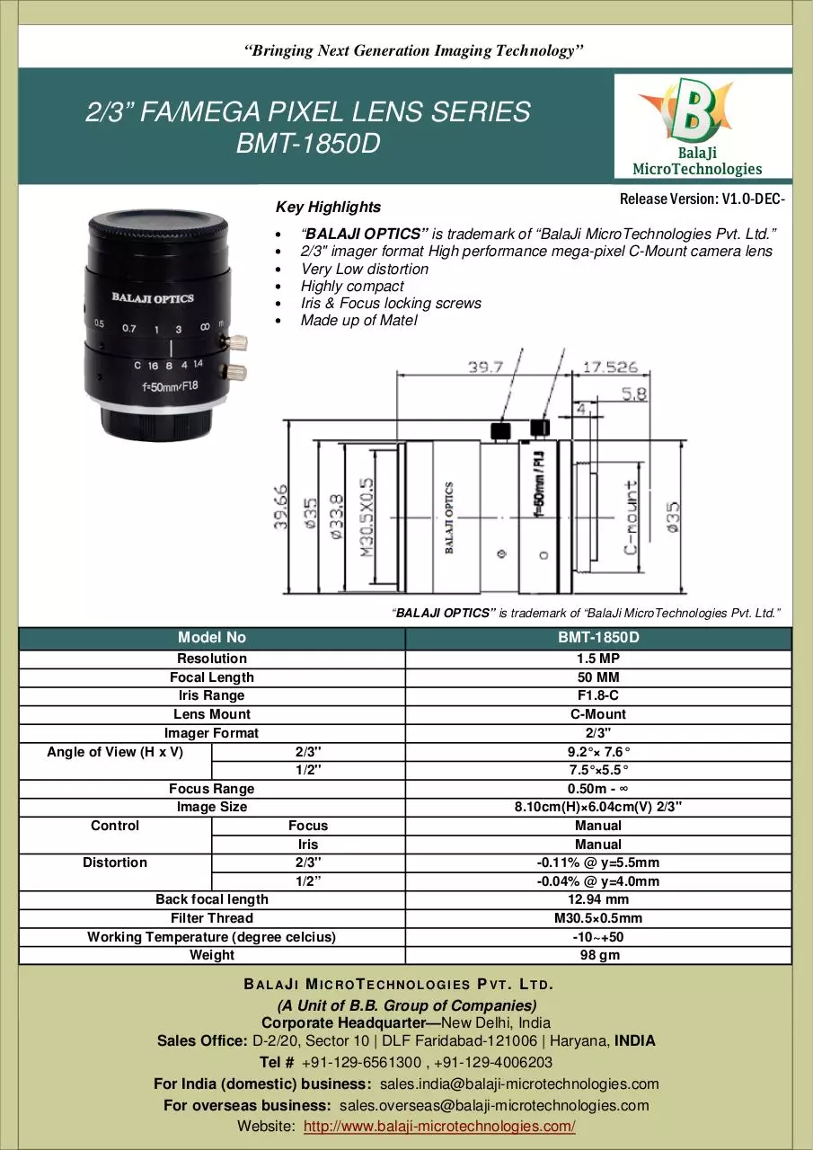 Page 1 of 1, BMT 1850D 50 MM C MOUNT MACHINE VISION LENSES KOREA