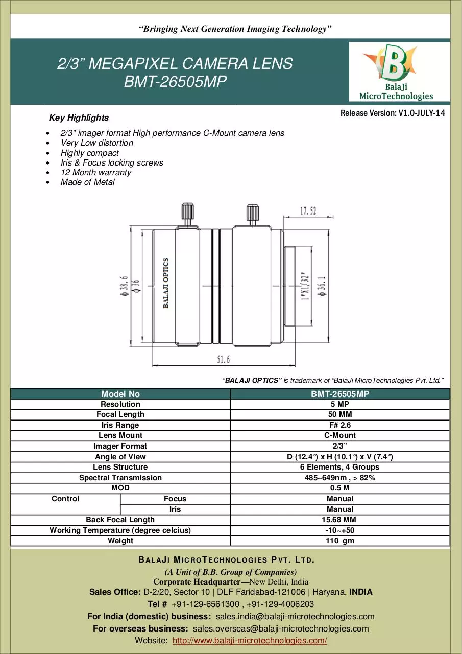 Page 1 of 1, BMT 26505MP 50 MM C MOUNT MACHINE VISION LENSES KOREA