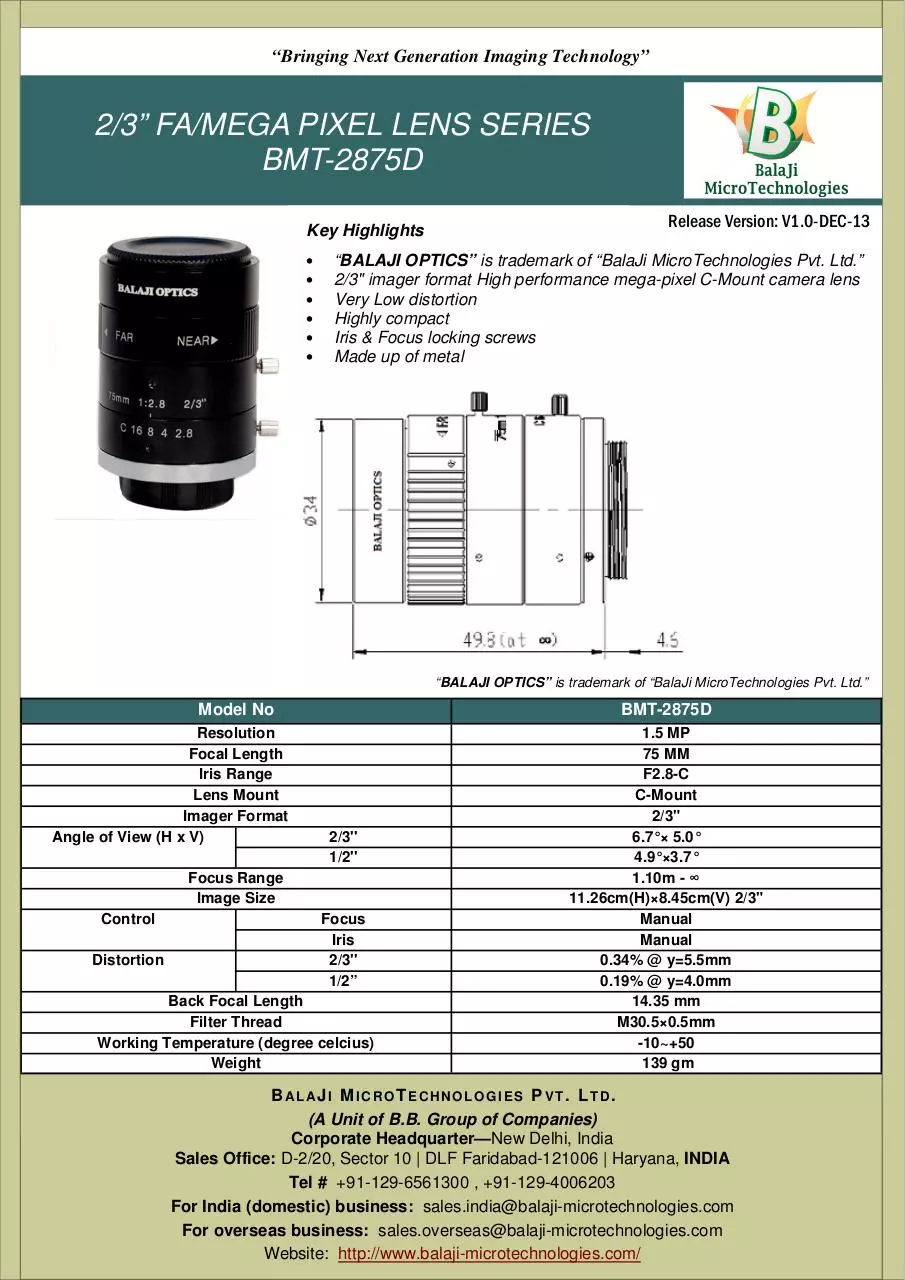 Page 1 of 1, BMT 2875D 75 MM C MOUNT MACHINE VISION LENSES KOREA