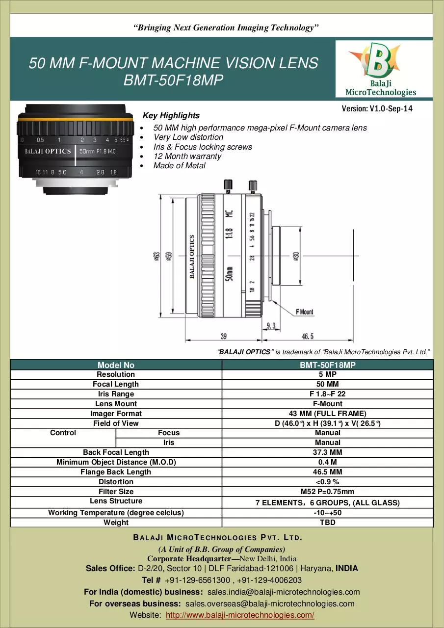 Page 1 of 1, BMT 50F18MP 50 MM F MOUNT MACHINE VISION LENSES KOREA