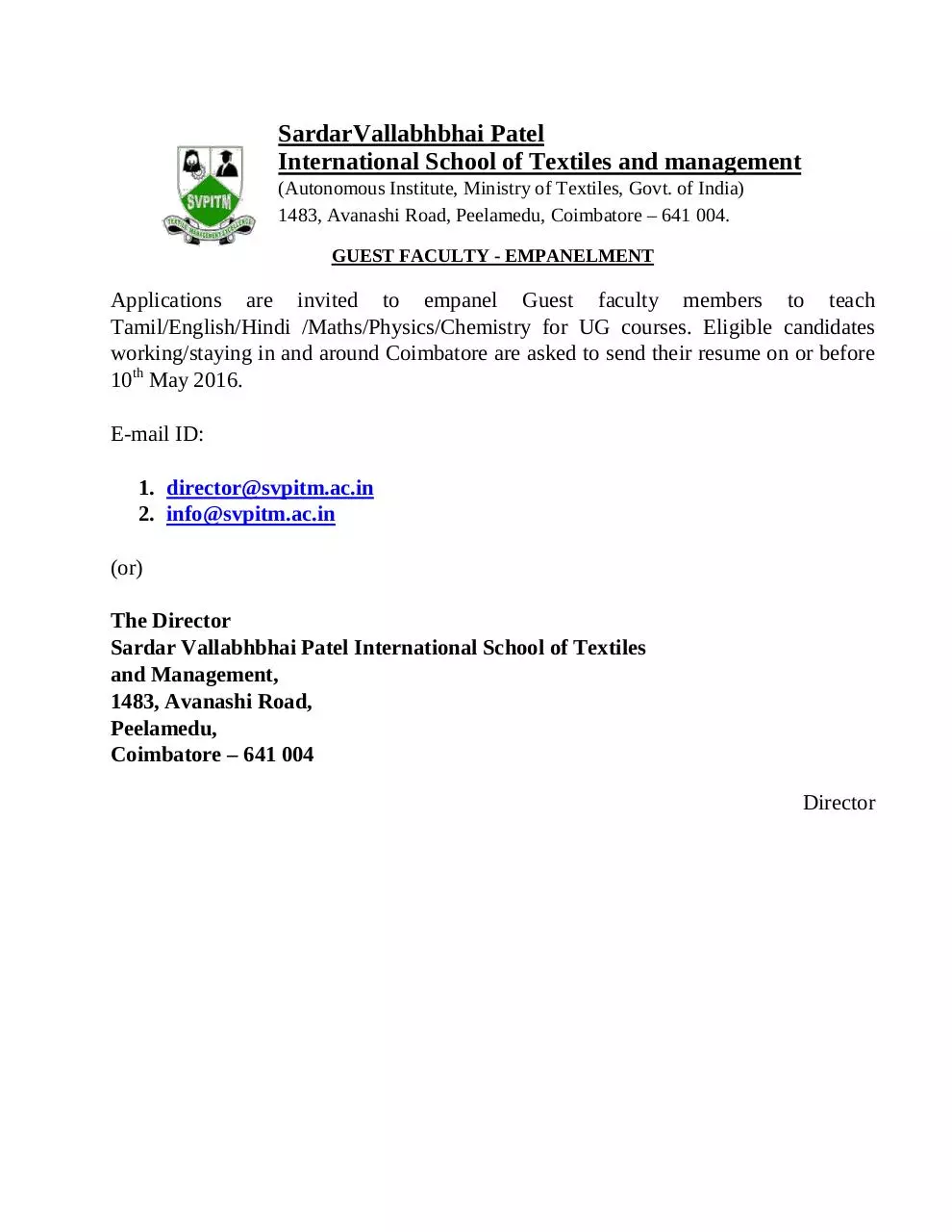 Page 1 of 1, Notification SVPISTM Guest Faculty