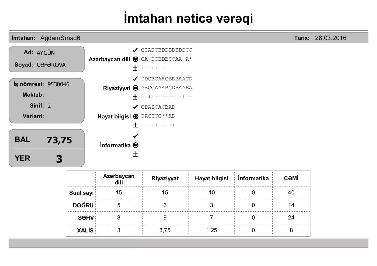 Page 3 of 4, mtahan nəticə vərəqi (2 ci sinif)