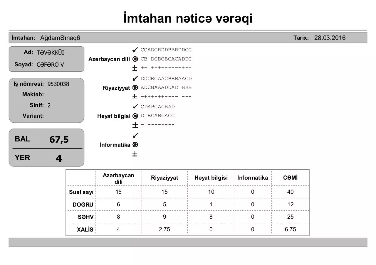 Page 4 of 4, mtahan nəticə vərəqi (2 ci sinif)