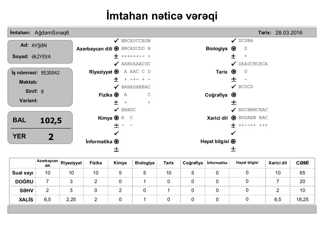 Page 2 of 3, mtahan nəticə vərəqi (8 ci siniflər)