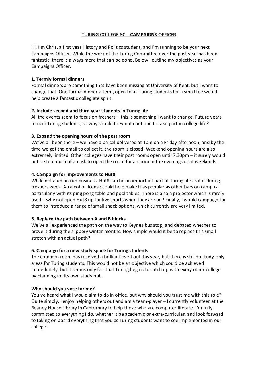 Page 1 of 2, Campaigns officer manifesto