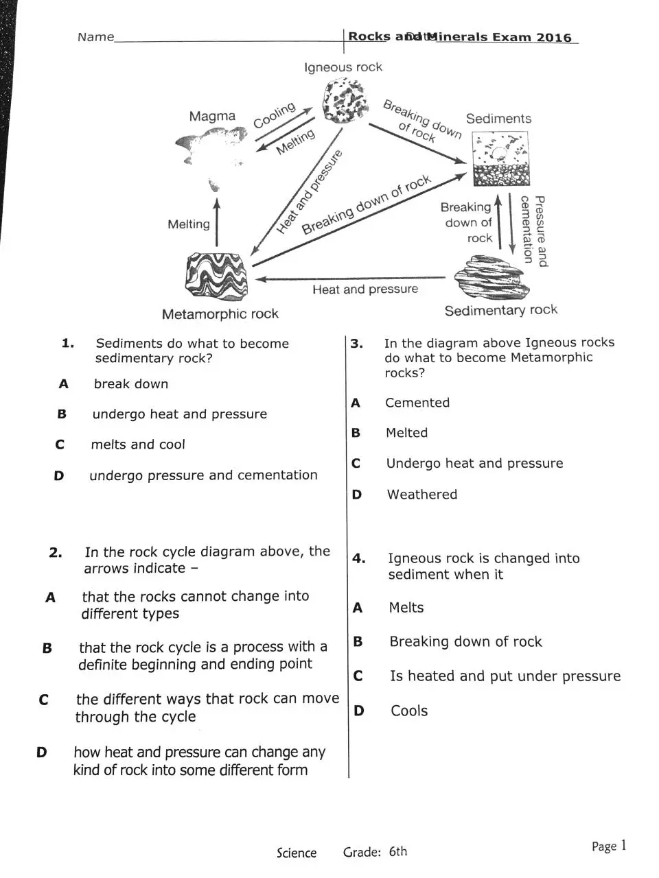 Page 1 of 5, Rocks and minerals exam