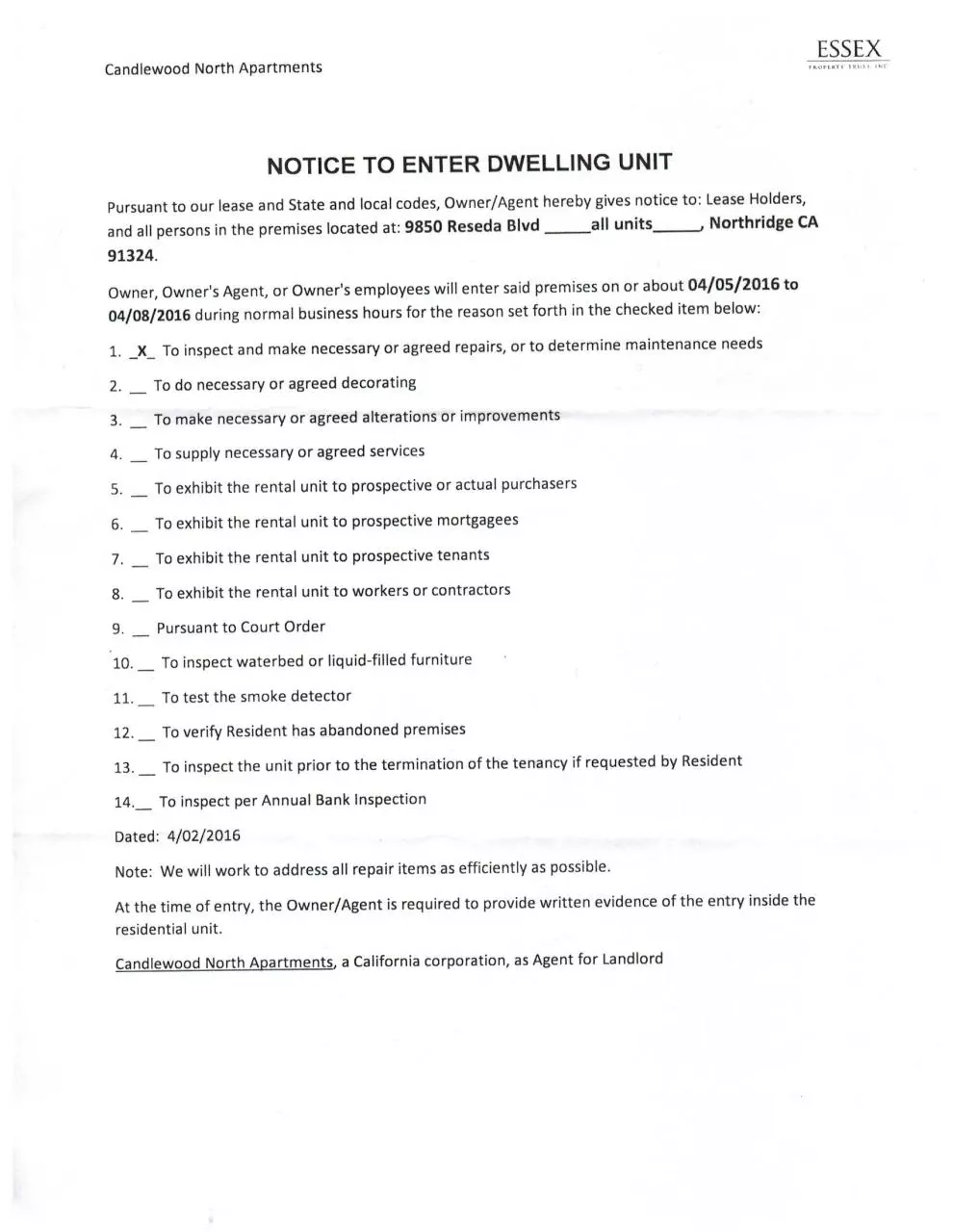 Page 1 of 1, Notice to enter
