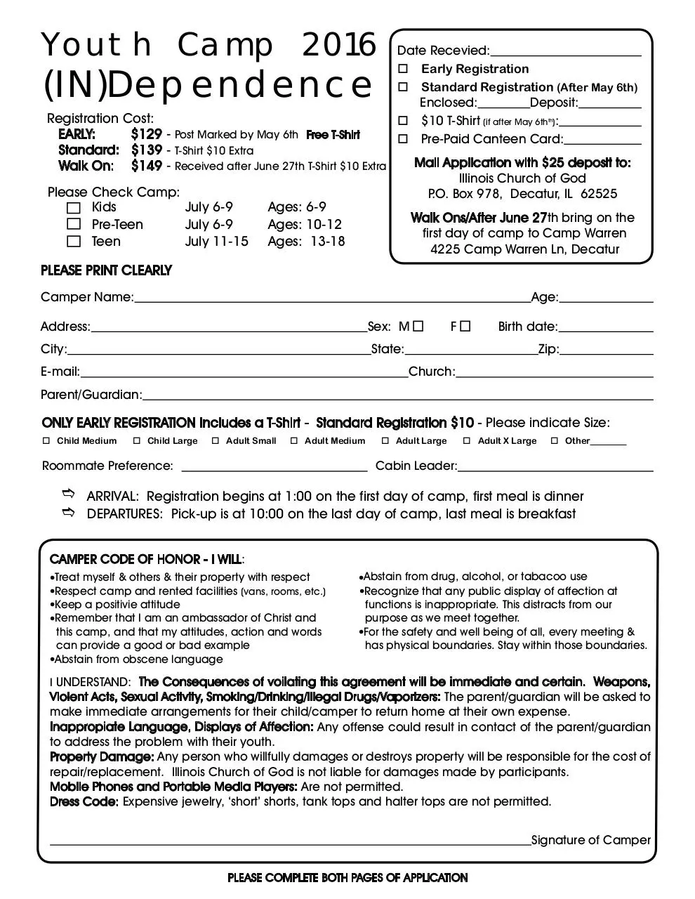 Page 1 of 2, 2016 YOUTH CAMPER Application