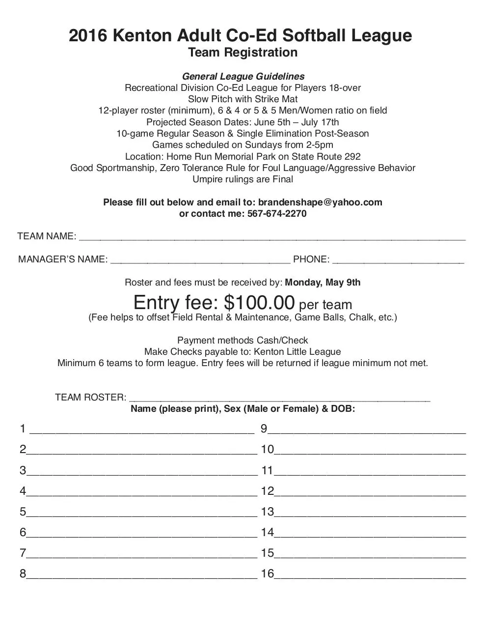 Page 1 of 1, SoftBall Registration Form