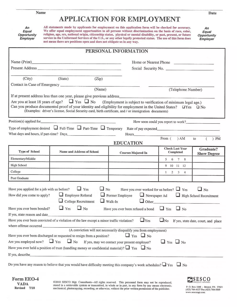 Page 1 of 2, Employment Application