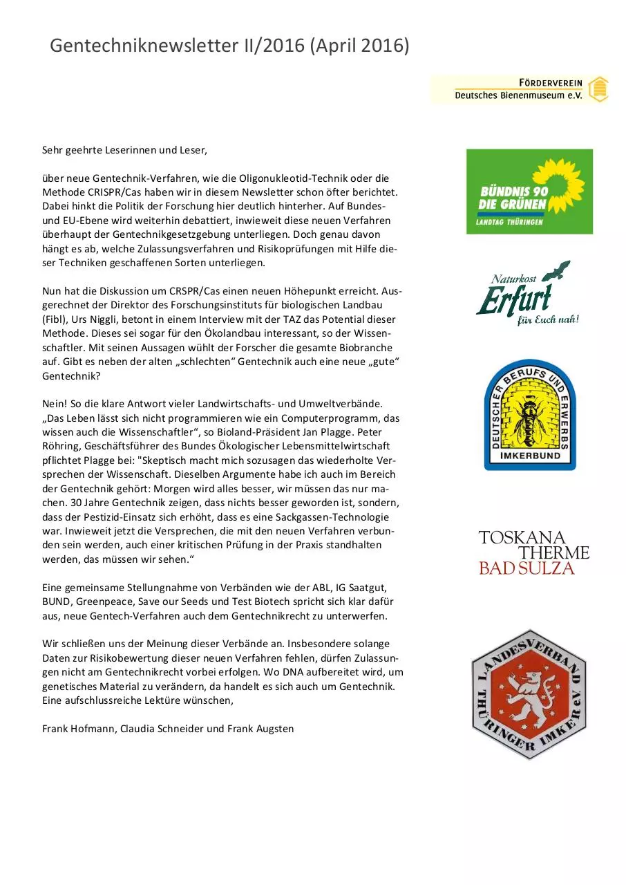 Page 1 of 7, Gentechnik Newsletter II 16