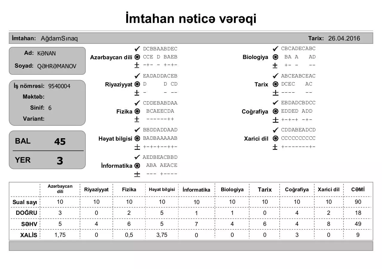 Page 3 of 3, mtahan nəticə vərəqi (6 cı sinif)