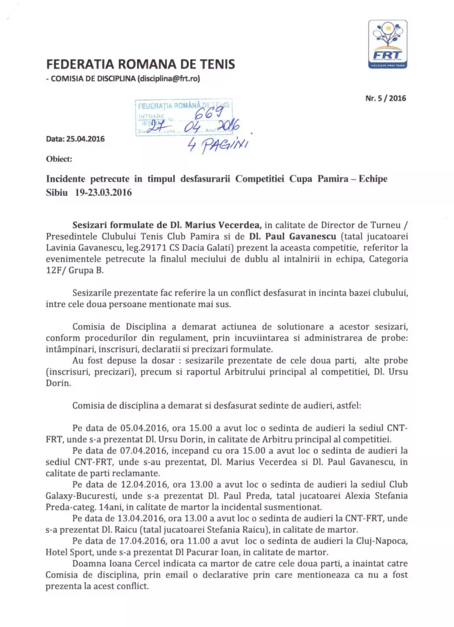 Page 1 of 4, Comisia disciplina Incidente Cupa Pamira 2016