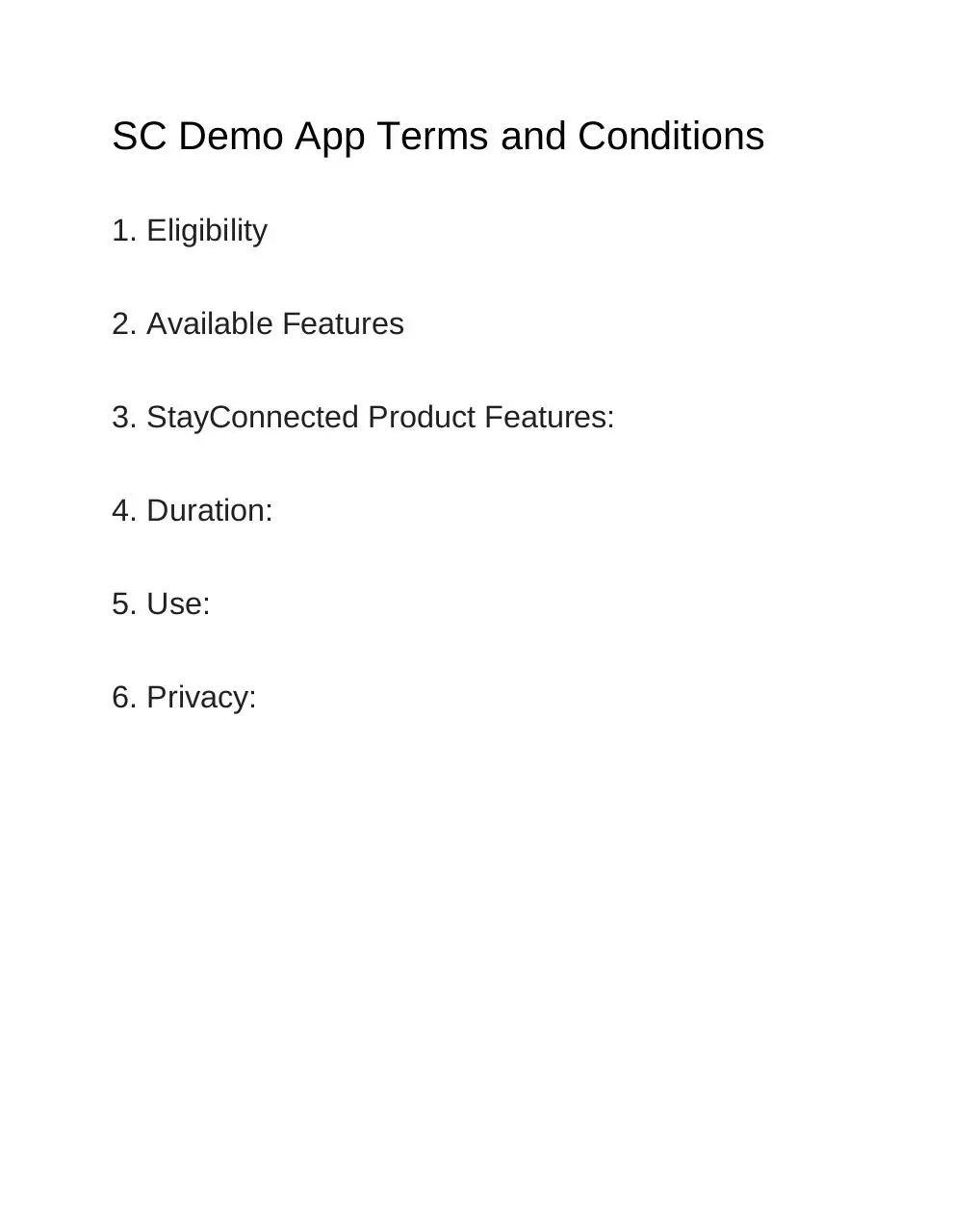 Page 1 of 1, SC Demo App Terms and Conditions