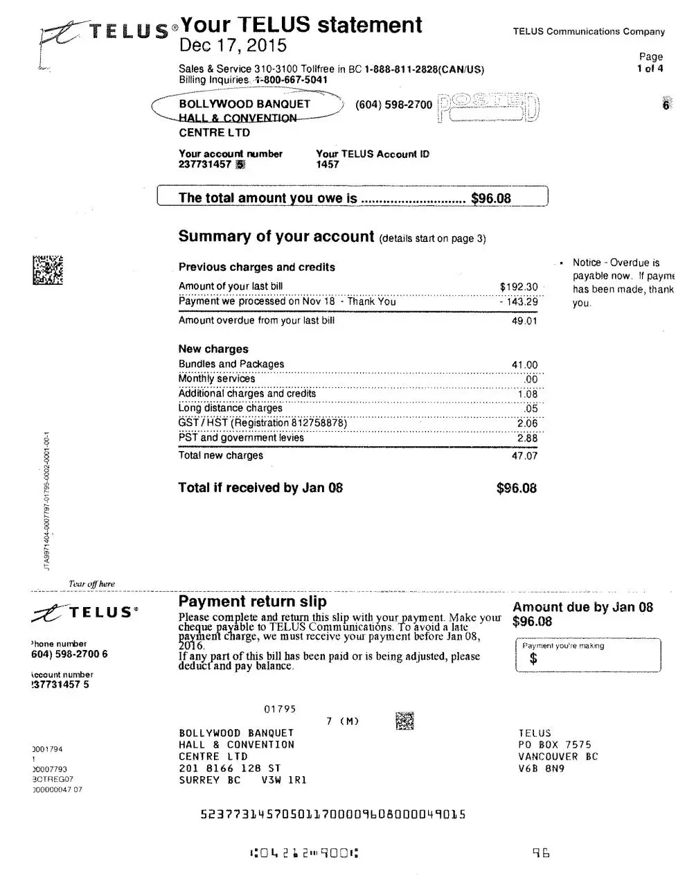 Page 1 of 1, TELUS Bill