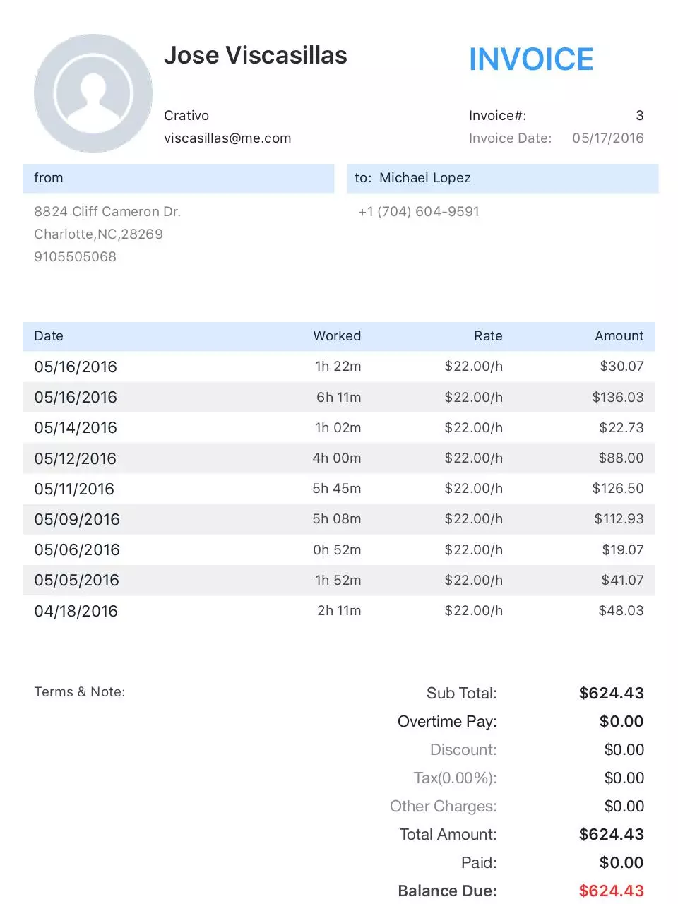 Page 1 of 1, invoice.5 17 2016.Michael Lopez