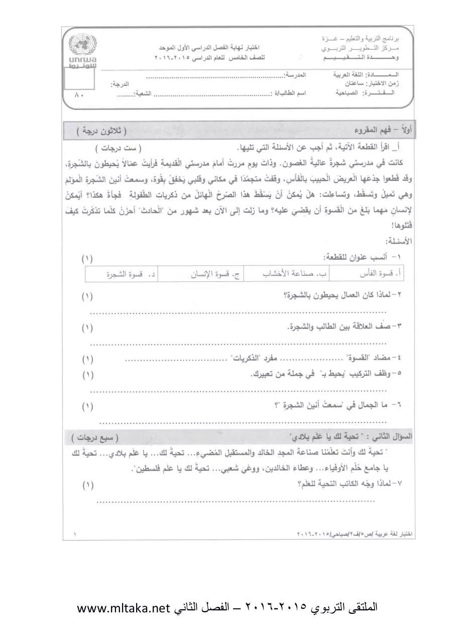 Page 1 of 6, ص لغة عربية الفصل الثاني 2014 2015 (2)