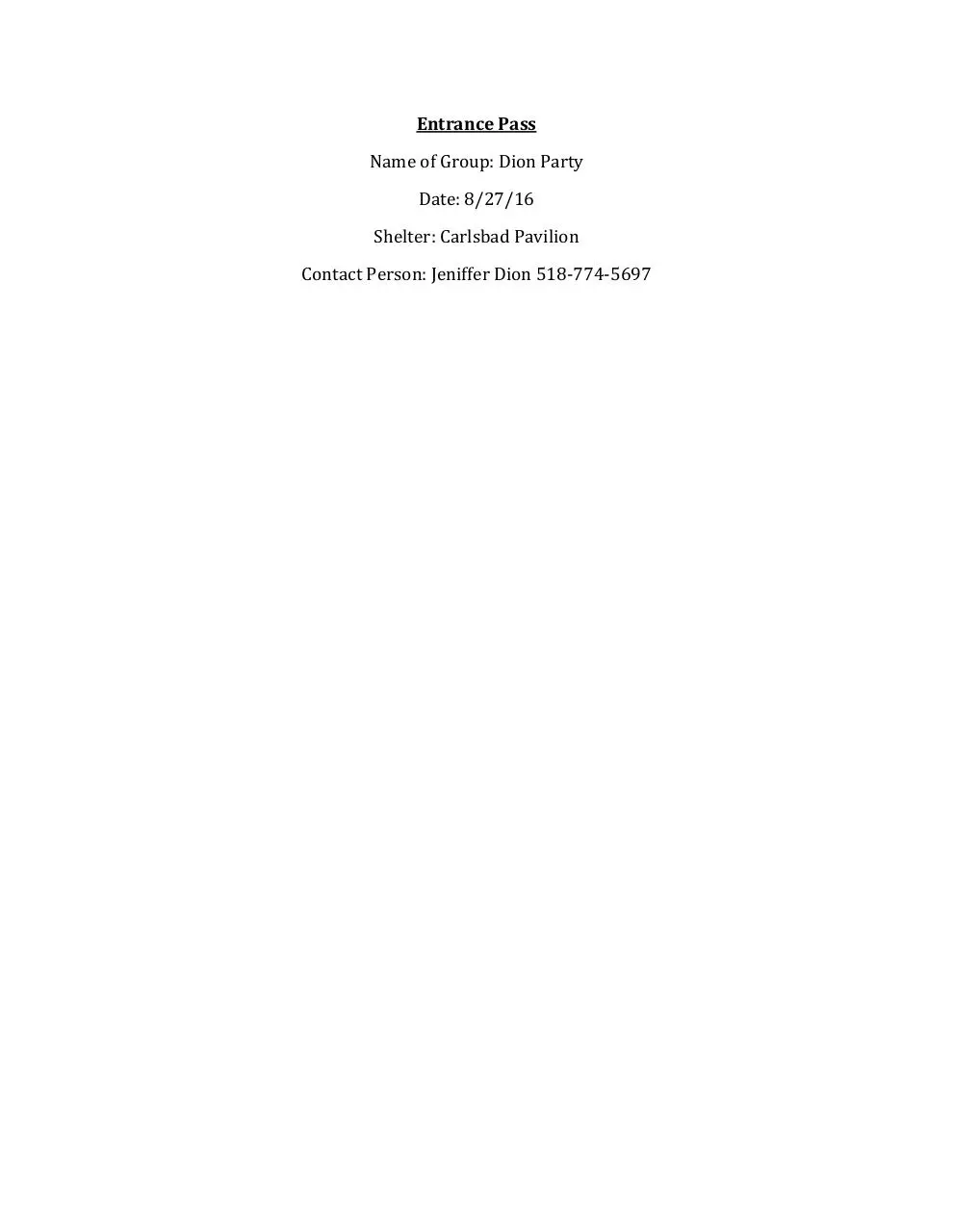 Page 1 of 1, Entrance Pass