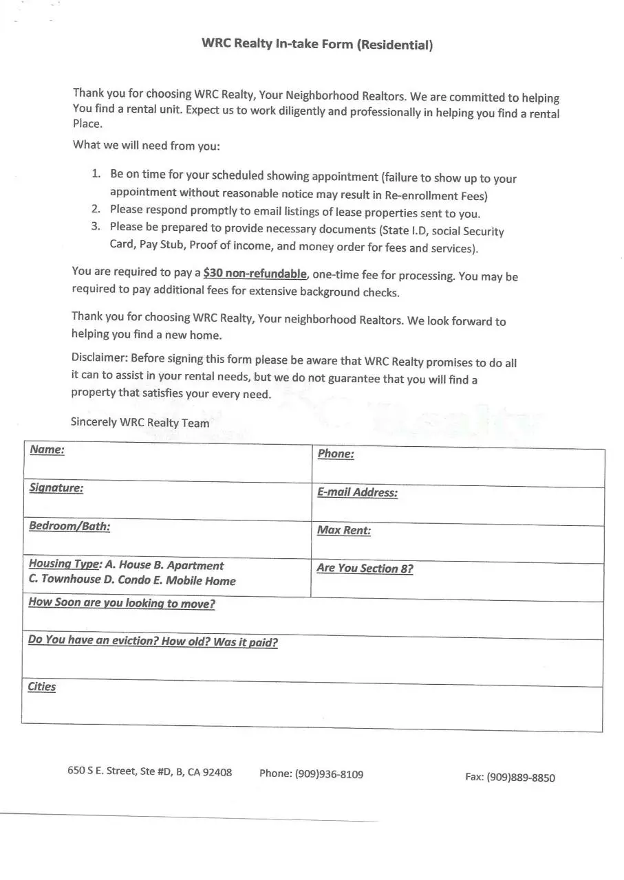 Page 1 of 1, Residental Intake Form