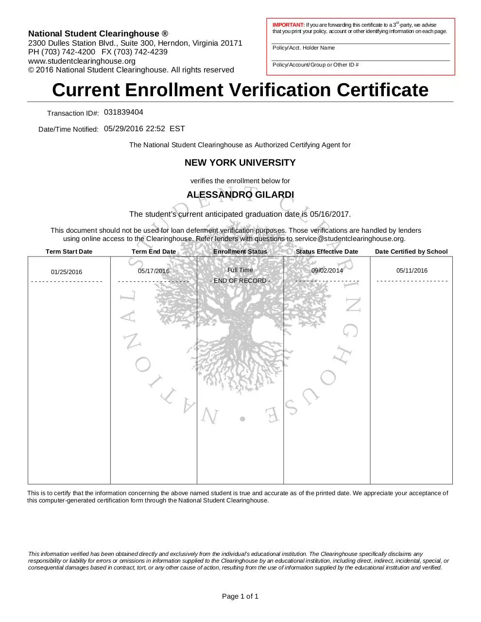 Document preview - EnrollmentCertificate.pdf - Page 1/1