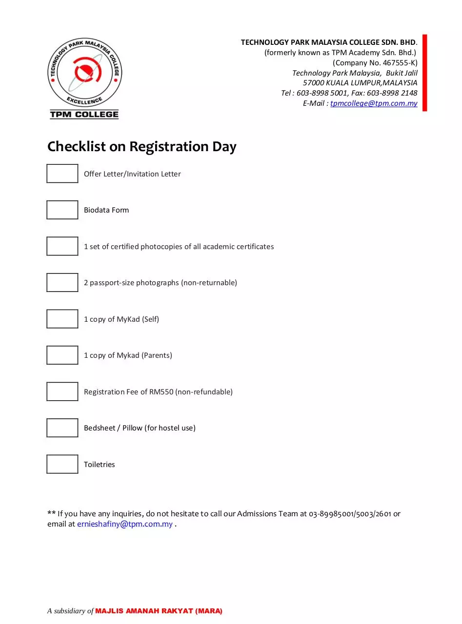 Page 1 of 1, Checklist Registration