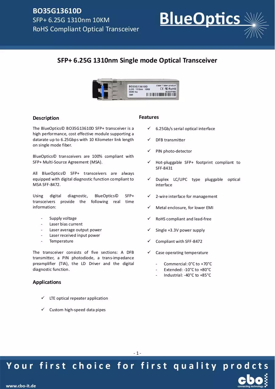Page 1 of 7, BlueOptics BO35G13610D SFP+ Transceiver 1310nm