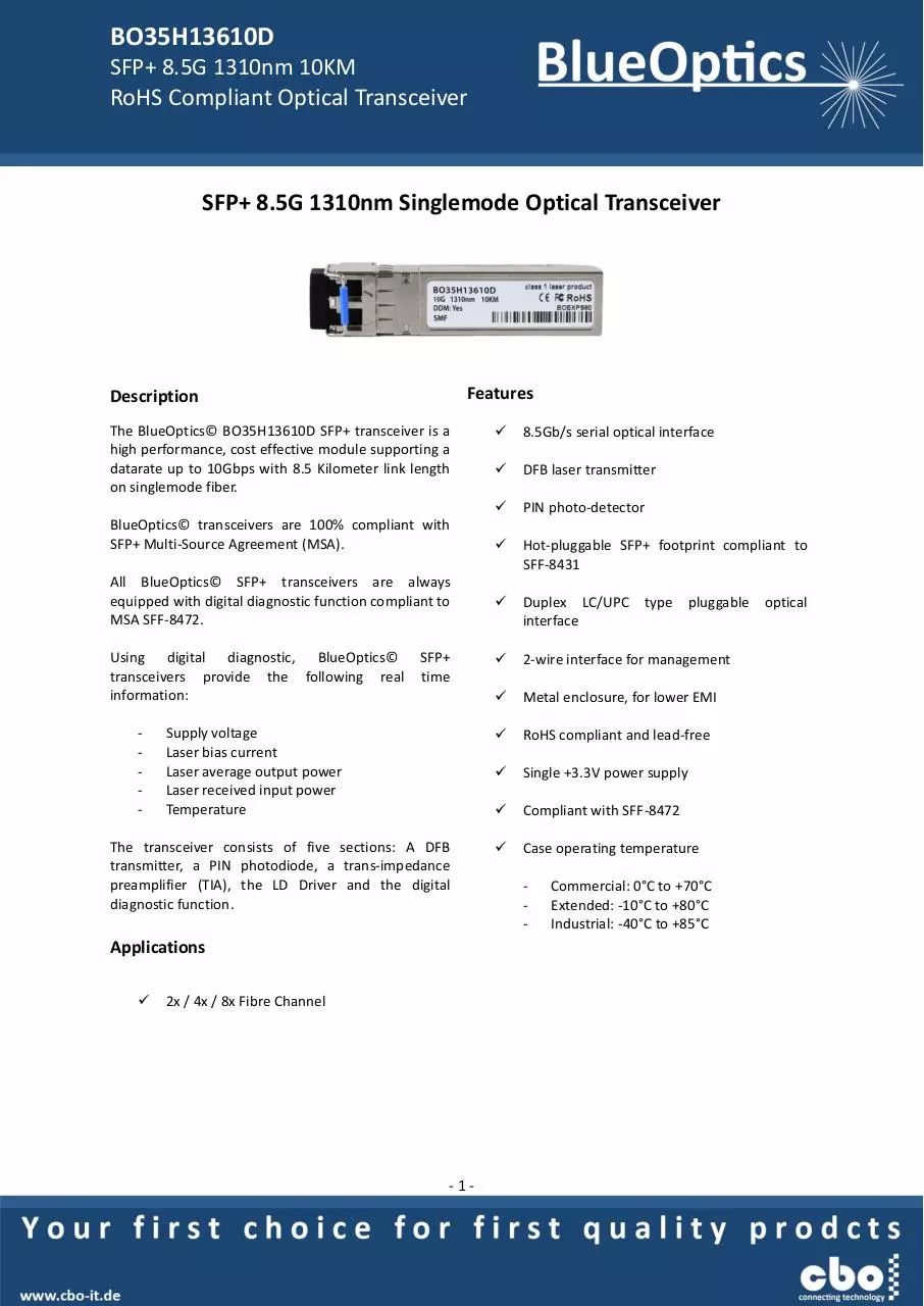 Page 1 of 7, BlueOptics BO35H13610D 8GBASE LW SFP+ Transceiver 1310nm