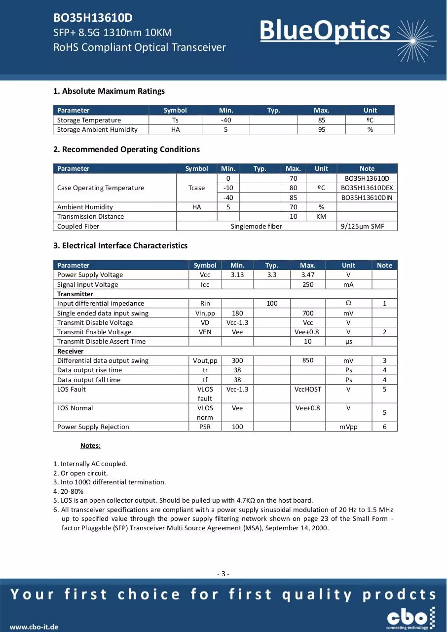 Page 3 of 7, BlueOptics BO35H13610D 8GBASE LW SFP+ Transceiver 1310nm
