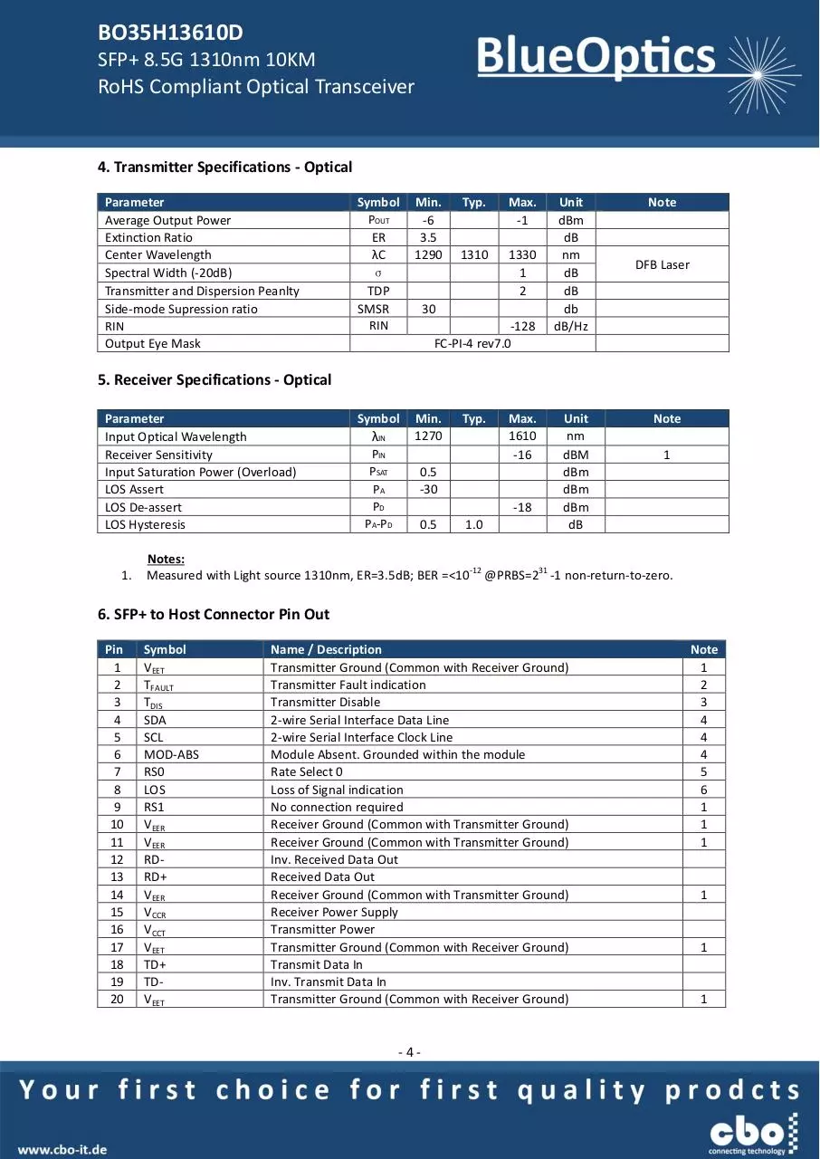 Page 4 of 7, BlueOptics BO35H13610D 8GBASE LW SFP+ Transceiver 1310nm