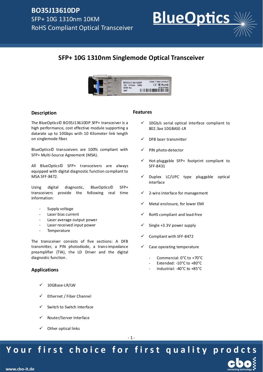 BlueOptics_BO35J13610DP_10GBASE-LR_SFP+_Transceiver_1310nm.pdf - page 1/7