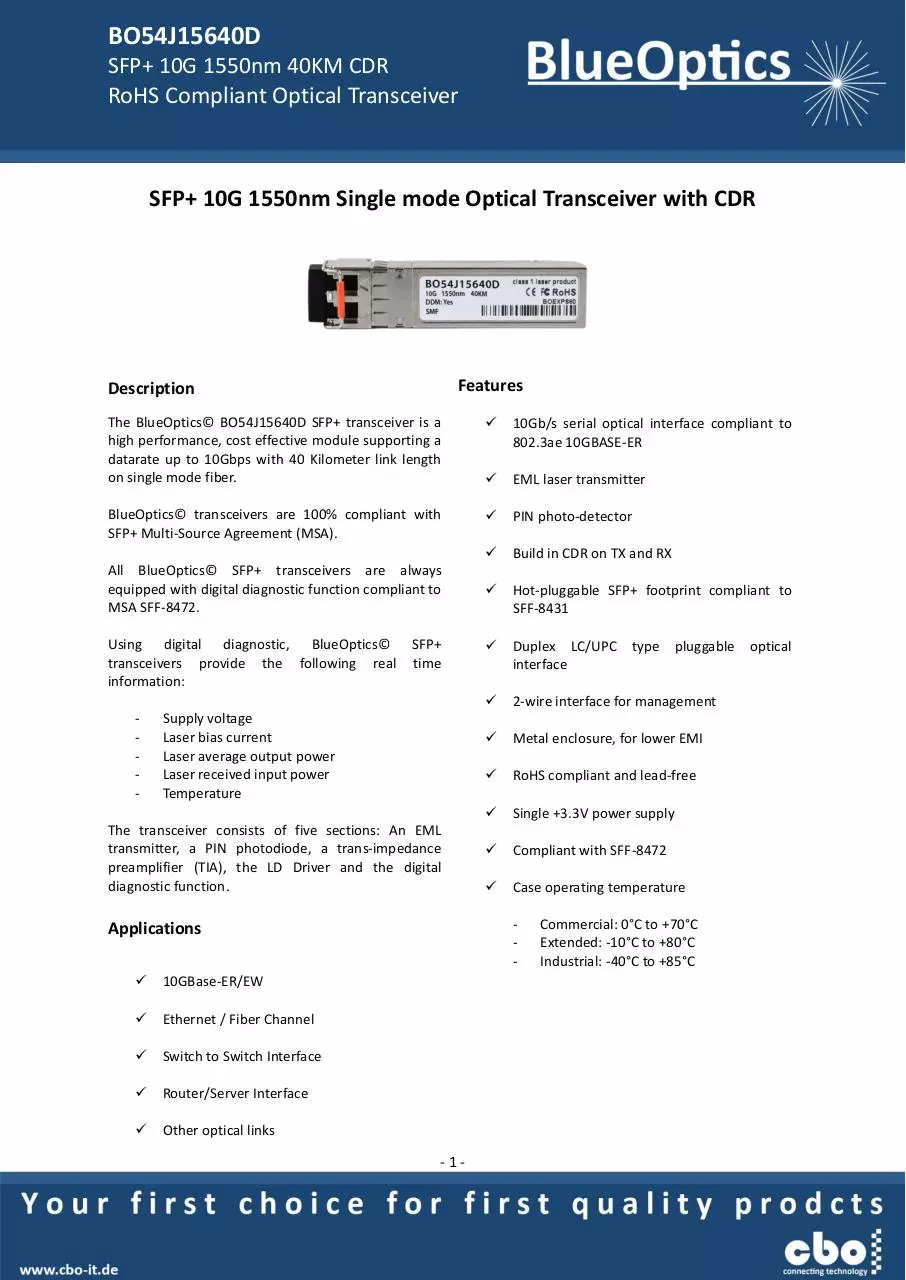 Page 1 of 7, BlueOptics BO54J15640D 10GBASE ER CDR SFP+ Transceiver