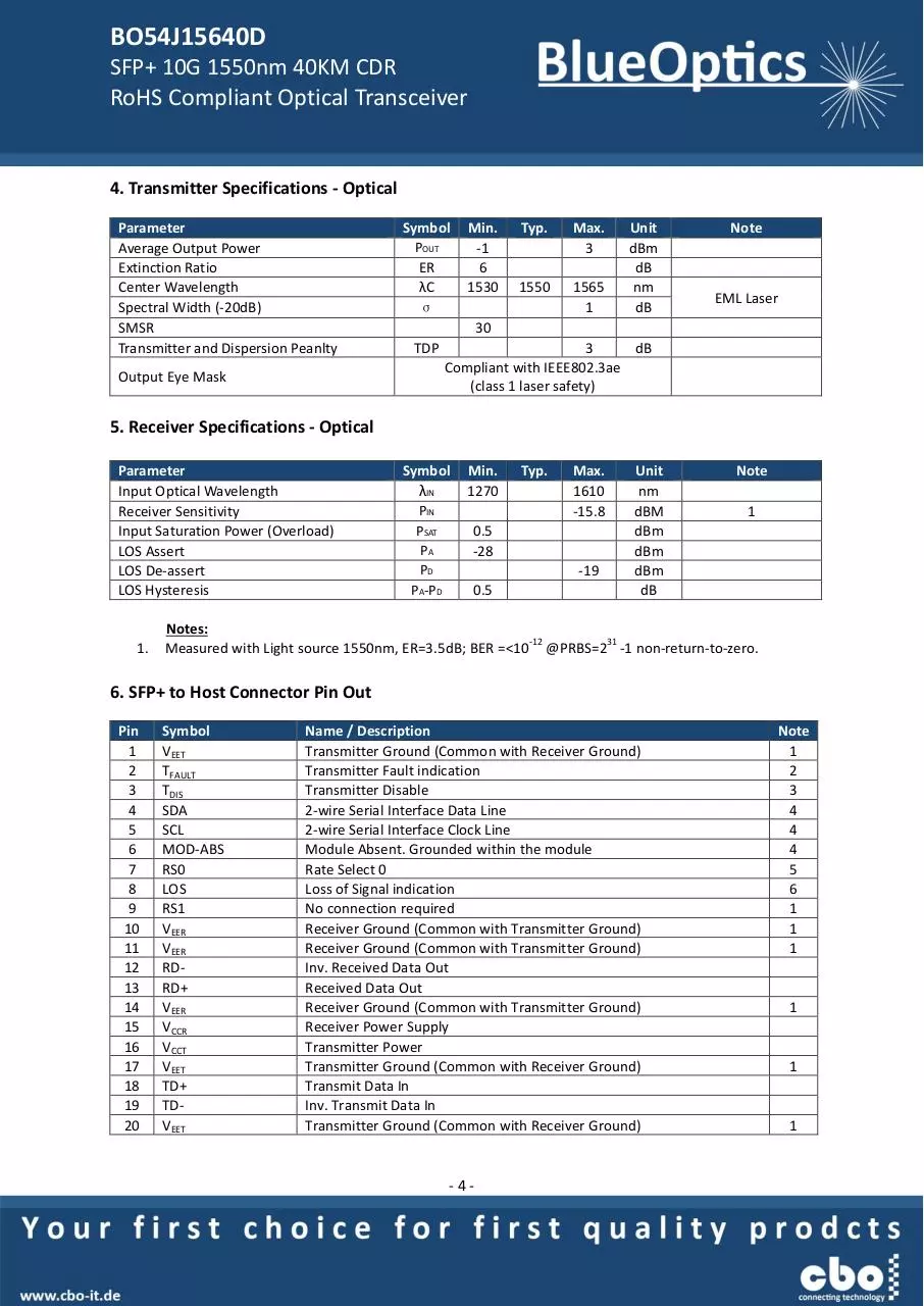 Page 4 of 7, BlueOptics BO54J15640D 10GBASE ER CDR SFP+ Transceiver