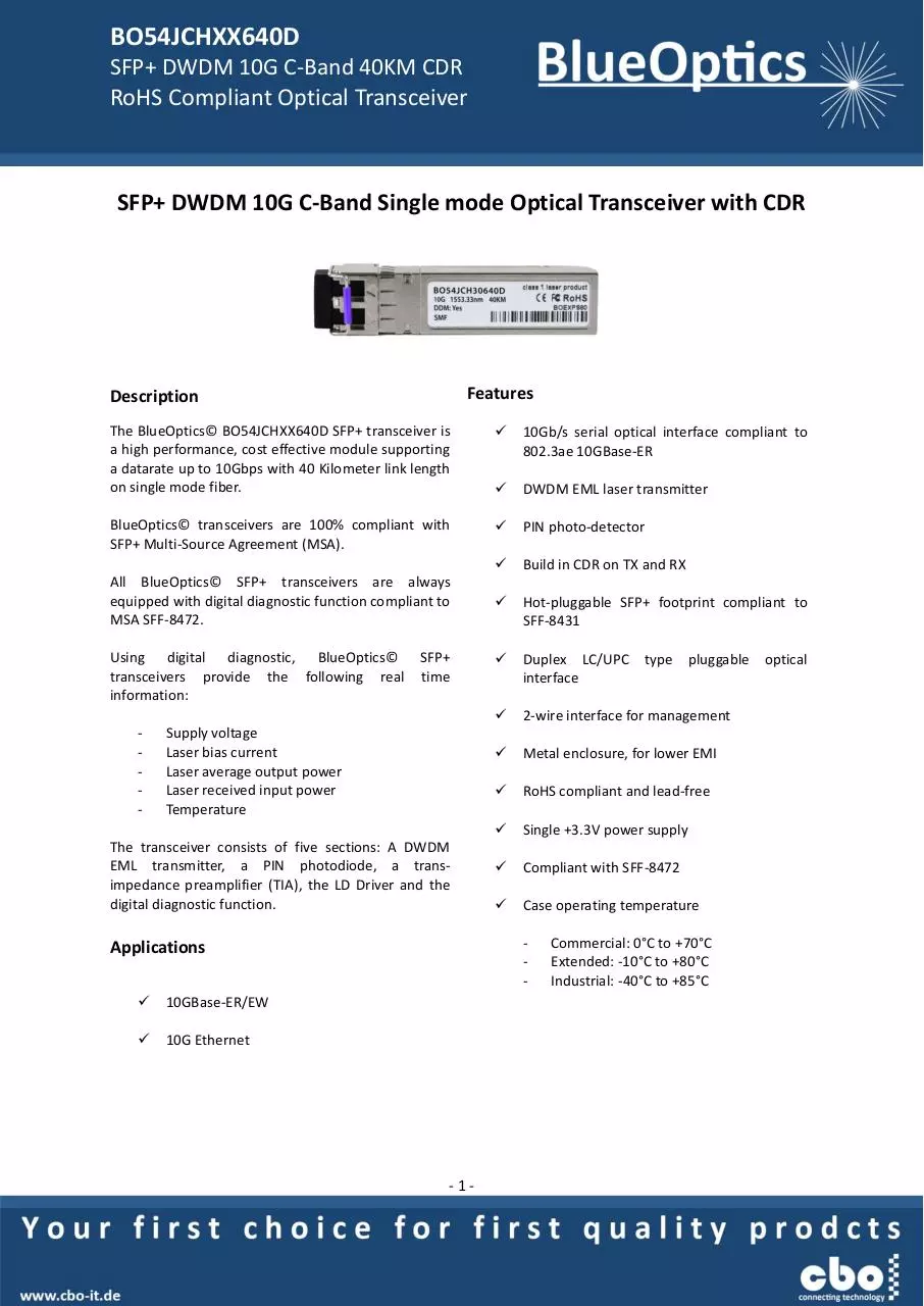 Page 1 of 7, BlueOptics BO54JCHXX640D 10GBASE DWDM CDR SFP+ Transceiver