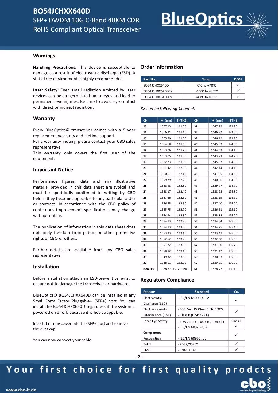 Page 2 of 7, BlueOptics BO54JCHXX640D 10GBASE DWDM CDR SFP+ Transceiver